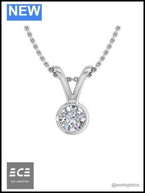 14K White Gold Diamond Solitaire Pendant Necklace Bezel Set